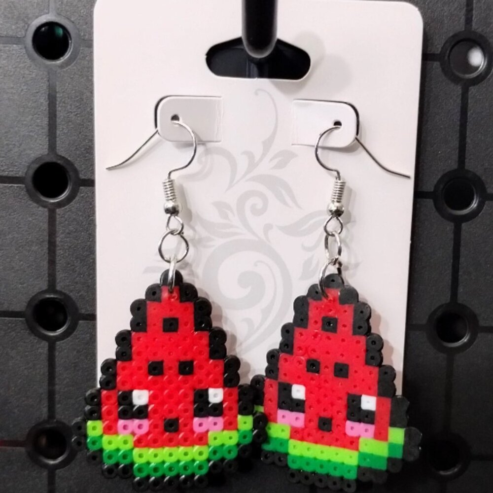 Happy Watermelon Earrings / Perler Beads / Hama Beads / Fuse Beds .  Hand Made